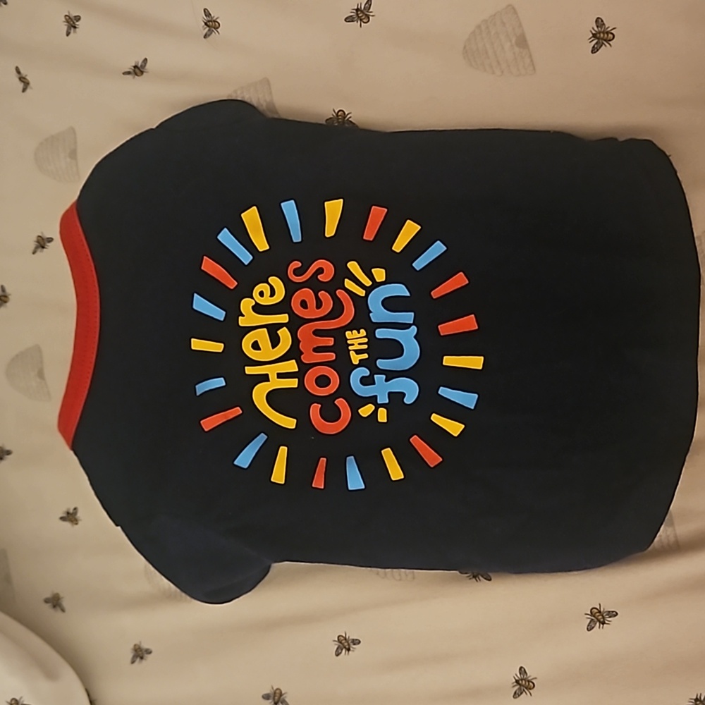 Navy blue graphic ("Here comes the fun") pet tee shirt